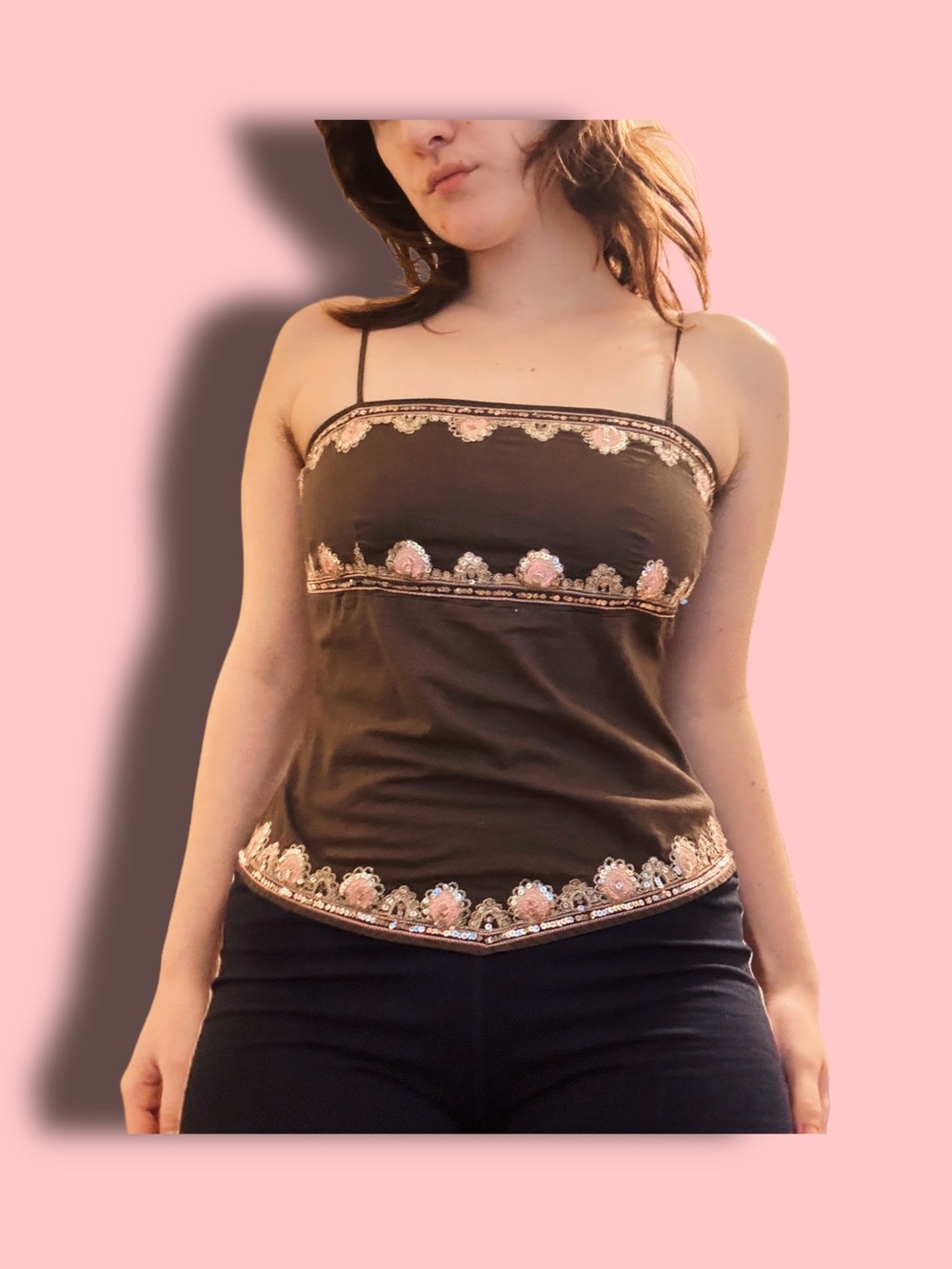 Embroidered Brown Spaghetti Strap Tank Top - Women's